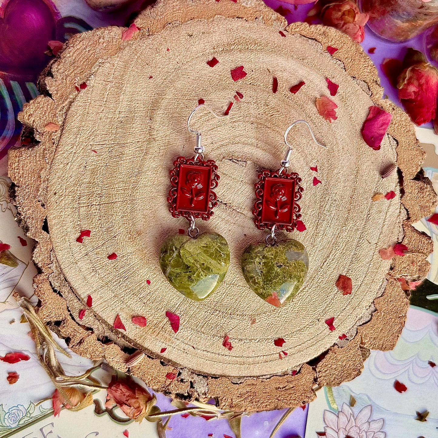boucles d'oreilles cadre en unakite rose ~ argent massif sur crochets 925