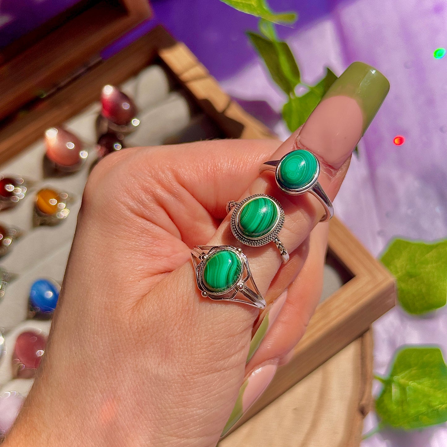malachite 925 sterling silver adjustable ring