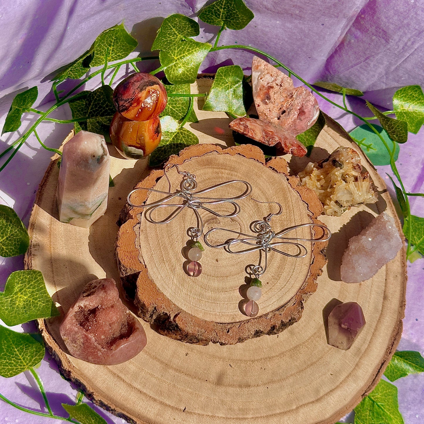 dragonfly earrings ~ tree agate, rose quartz, fluorite on 925 hooks