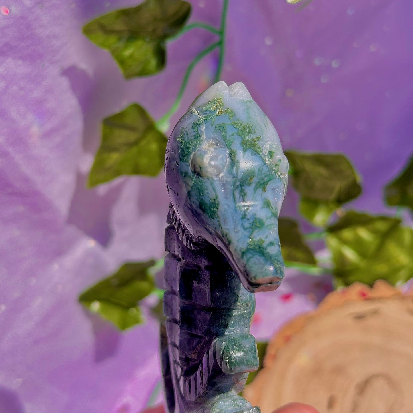 moss agate sea horse carving ~ self standing