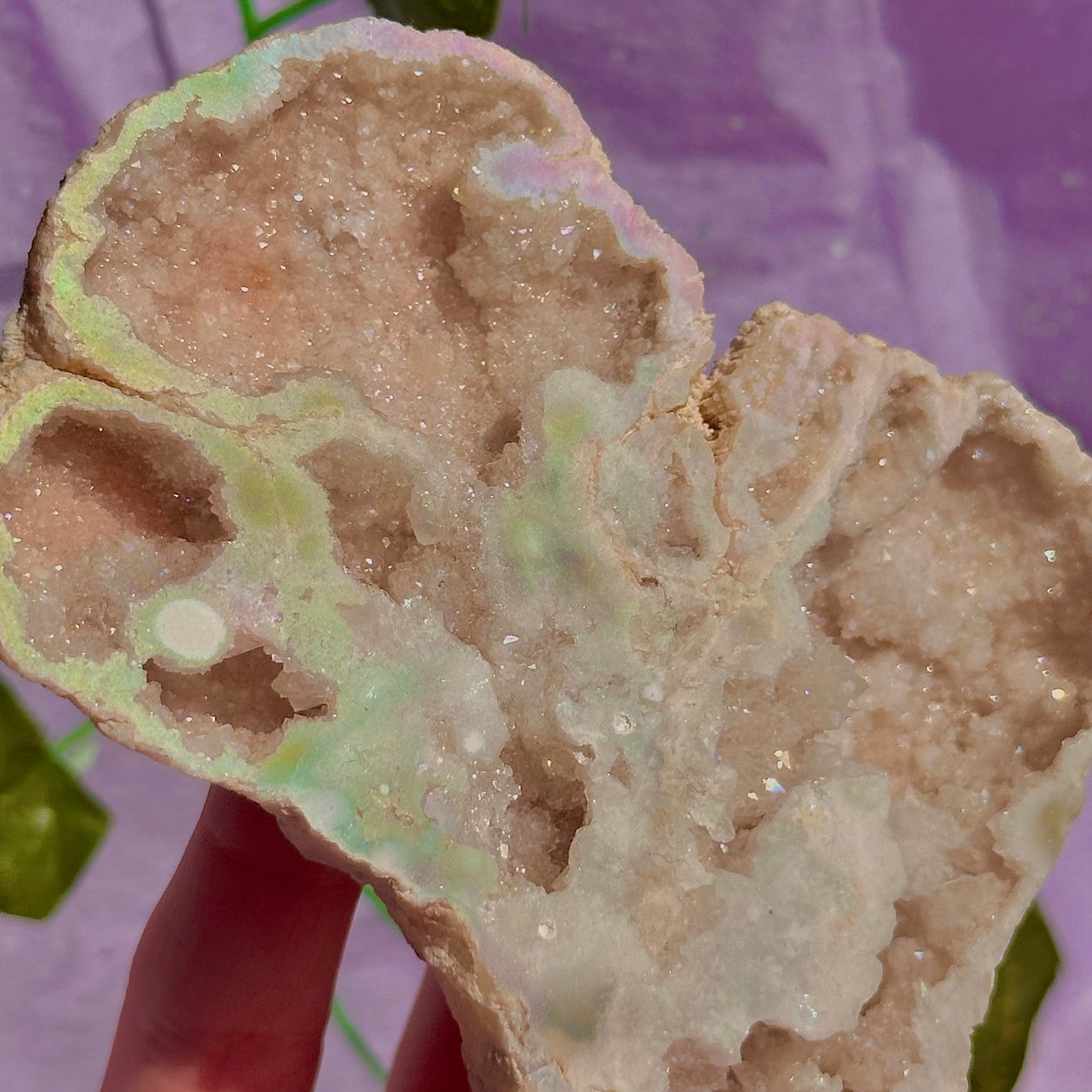 aura druzy quartz geode with stand