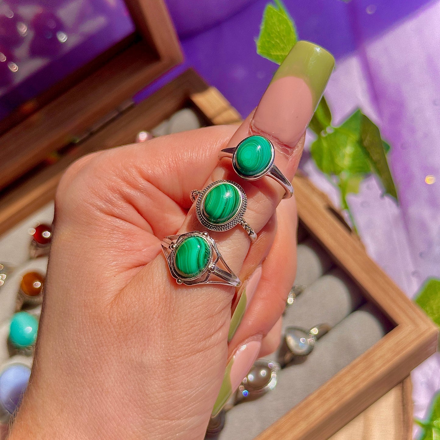malachite 925 sterling silver adjustable ring