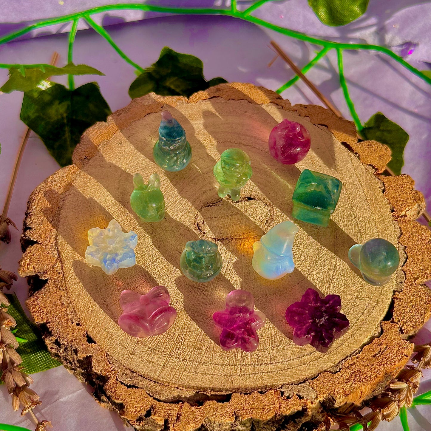 rainbow fluorite & opalite mini mystery christmas carvings ~ intuitively chosen