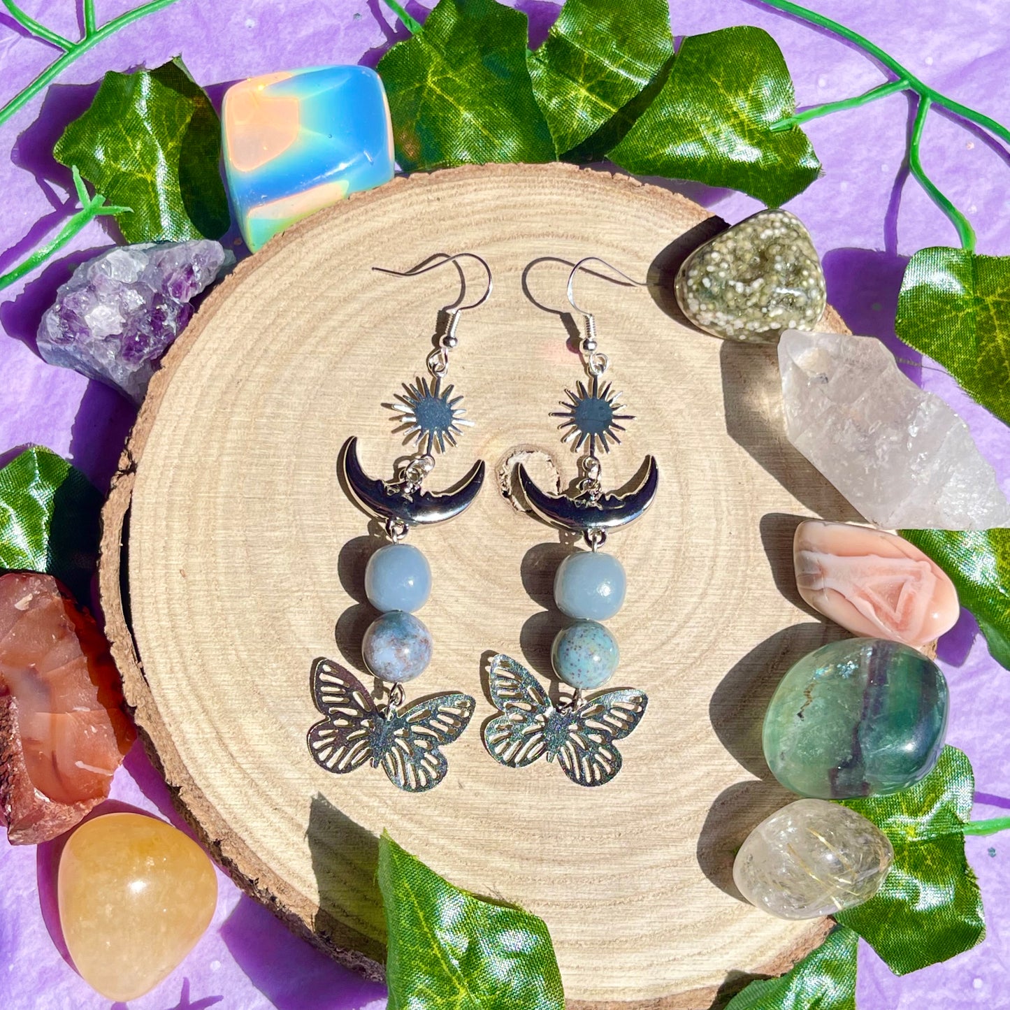 summer wings earrings - angelite & moss agate on 925 hooks