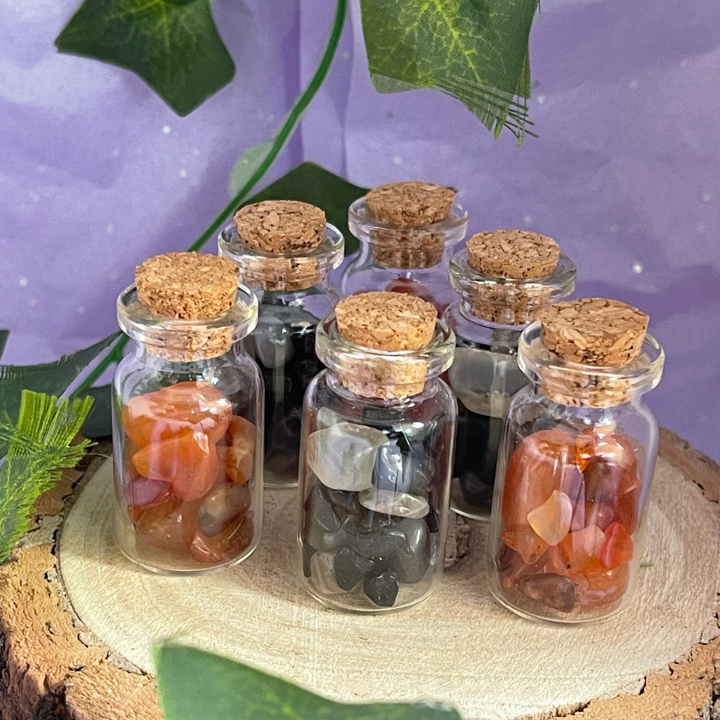 crystal vials - carnelian, black tourmaline & black moonstone
