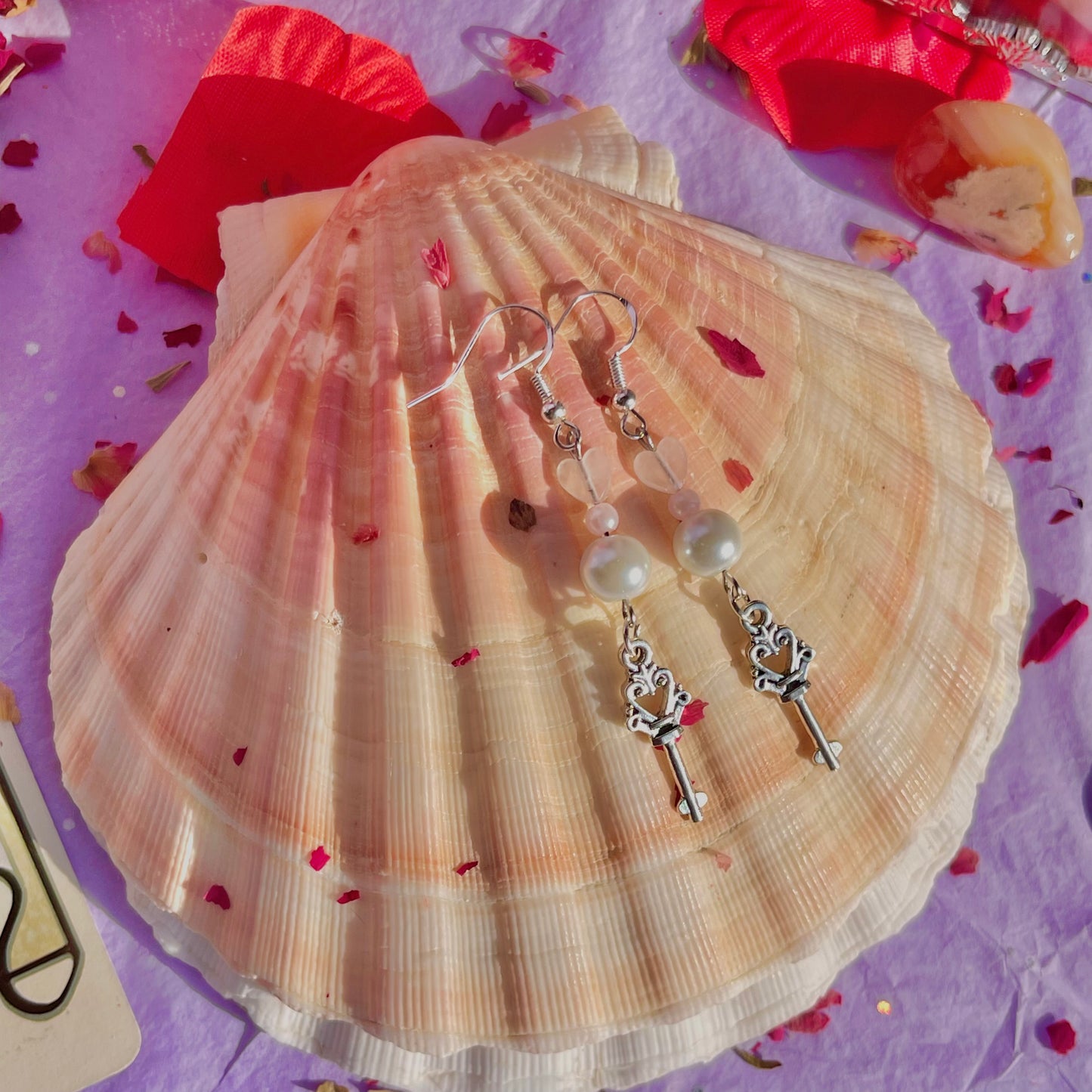 key to my heart earrings on 925 sterling silver hooks ~ rose quartz with faux pearls
