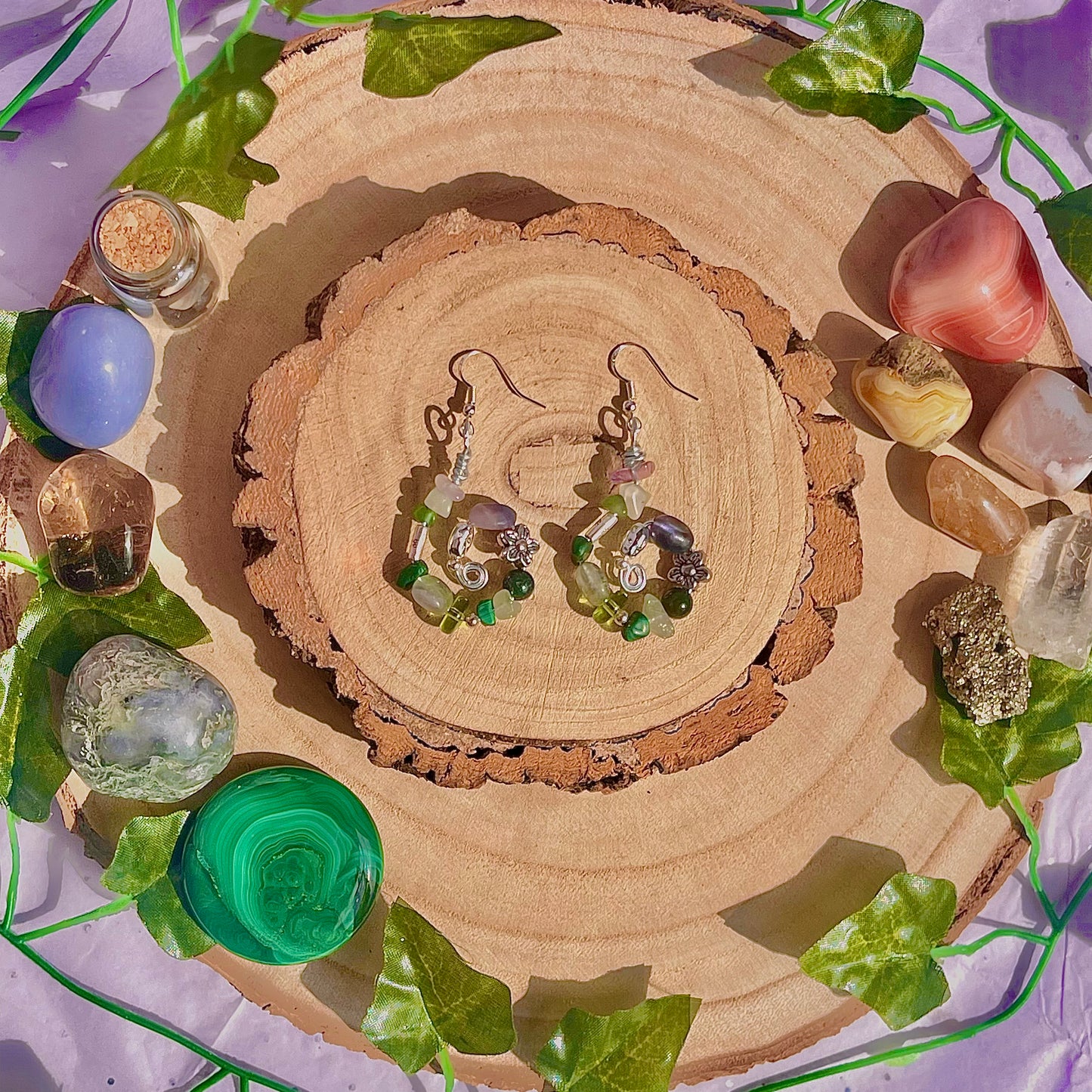 forest spiral earrings ~ fluorite, moss agate, aventurine, new jade & malachite on 925 hooks