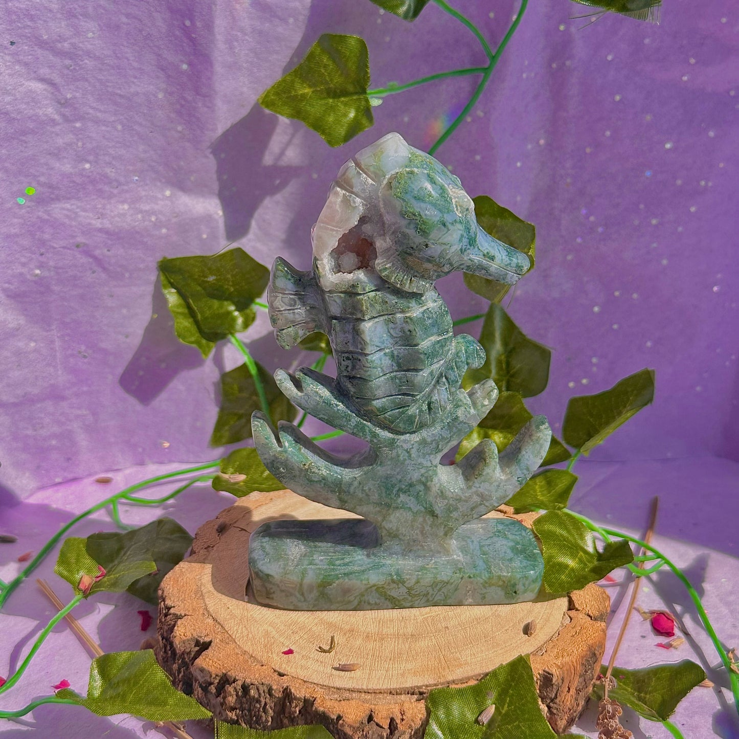 moss agate sea horse carving ~ self standing