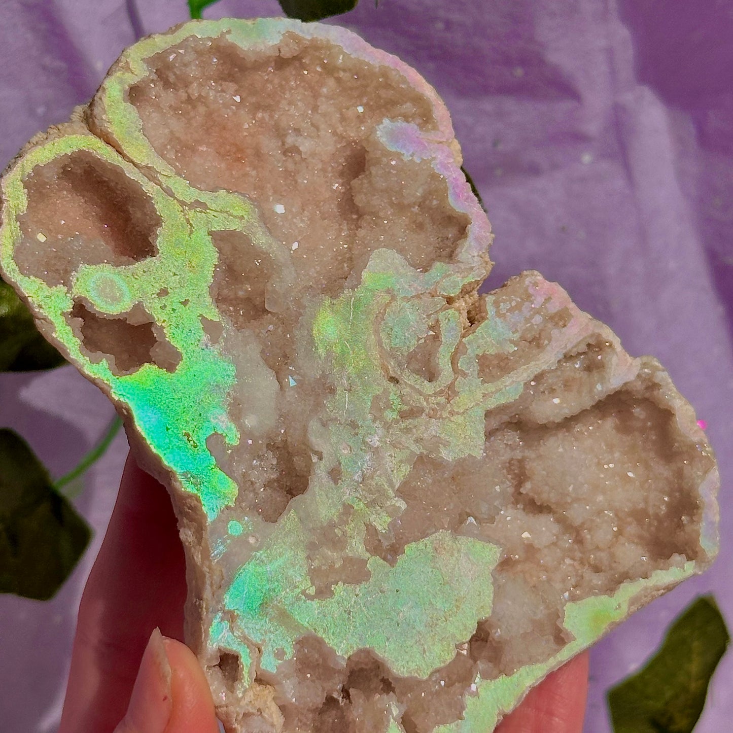 aura druzy quartz geode with stand