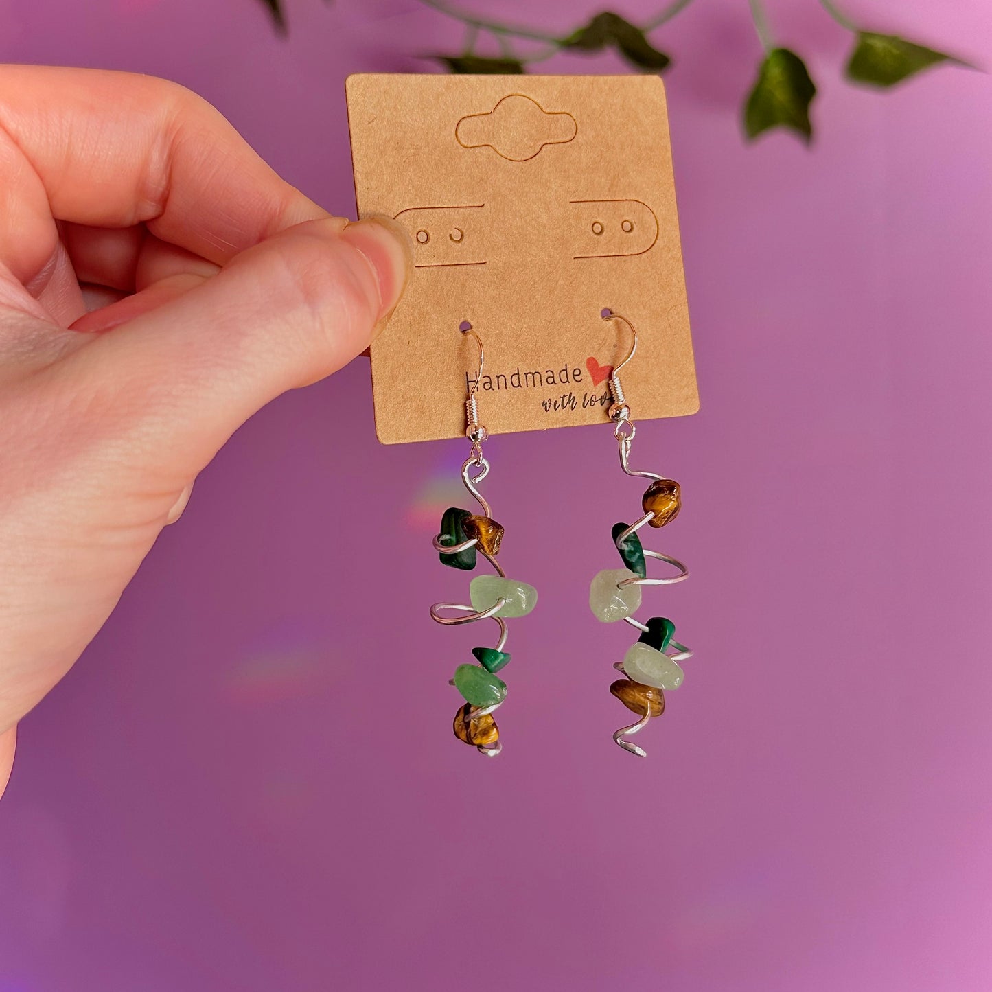 spiral earrings on 925 hooks ~ malachite, tigers eye, aventurine
