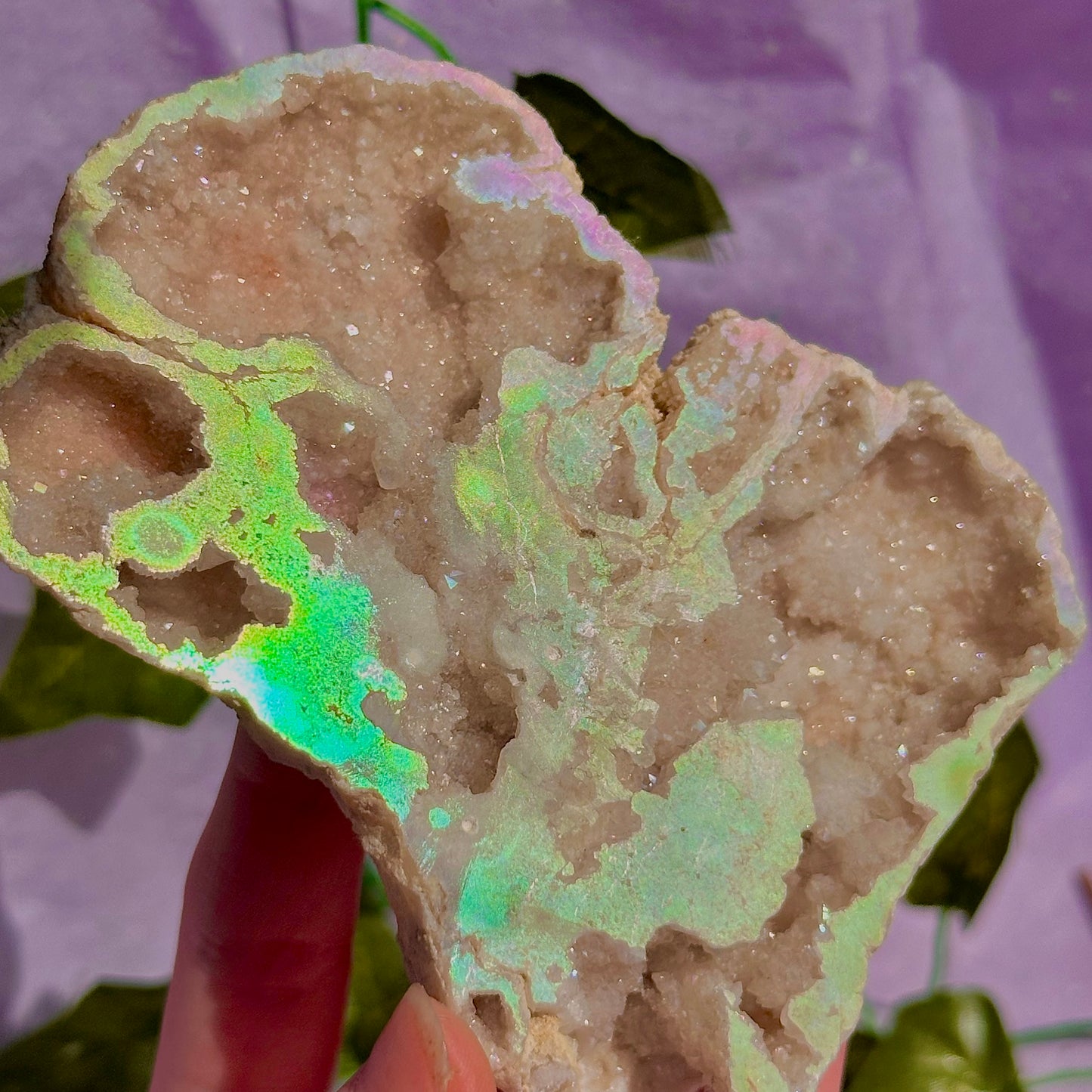 aura druzy quartz geode with stand