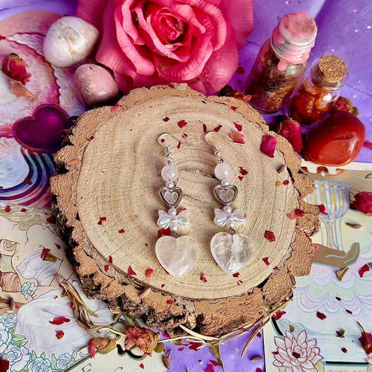 clear quartz & rose quartz bow pearl earrings ~ sterling silver on 925 hooks