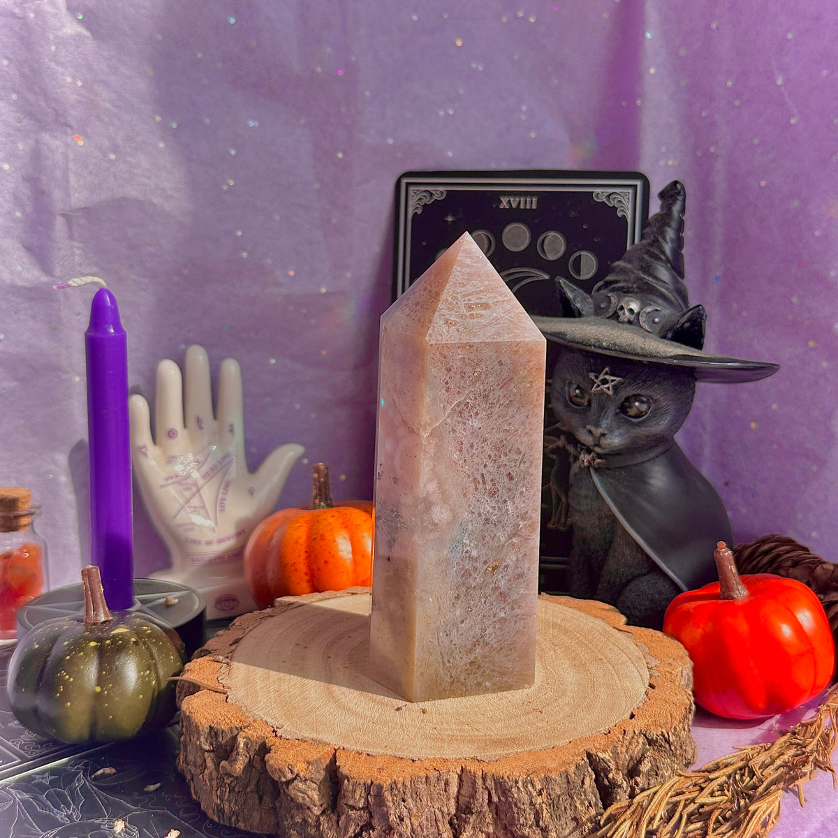 pink amethyst x flower agate chunky tower with dendrites