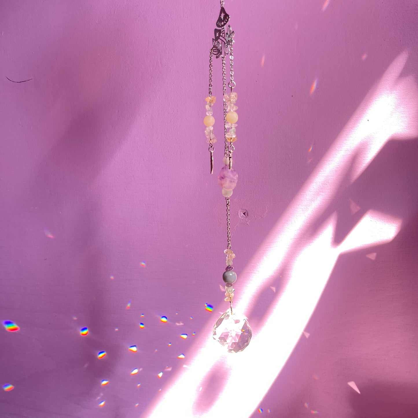 the magick tree sun catcher - amazonite, fluorite, amethyst, calcite, clear quartz, citrine & angelite