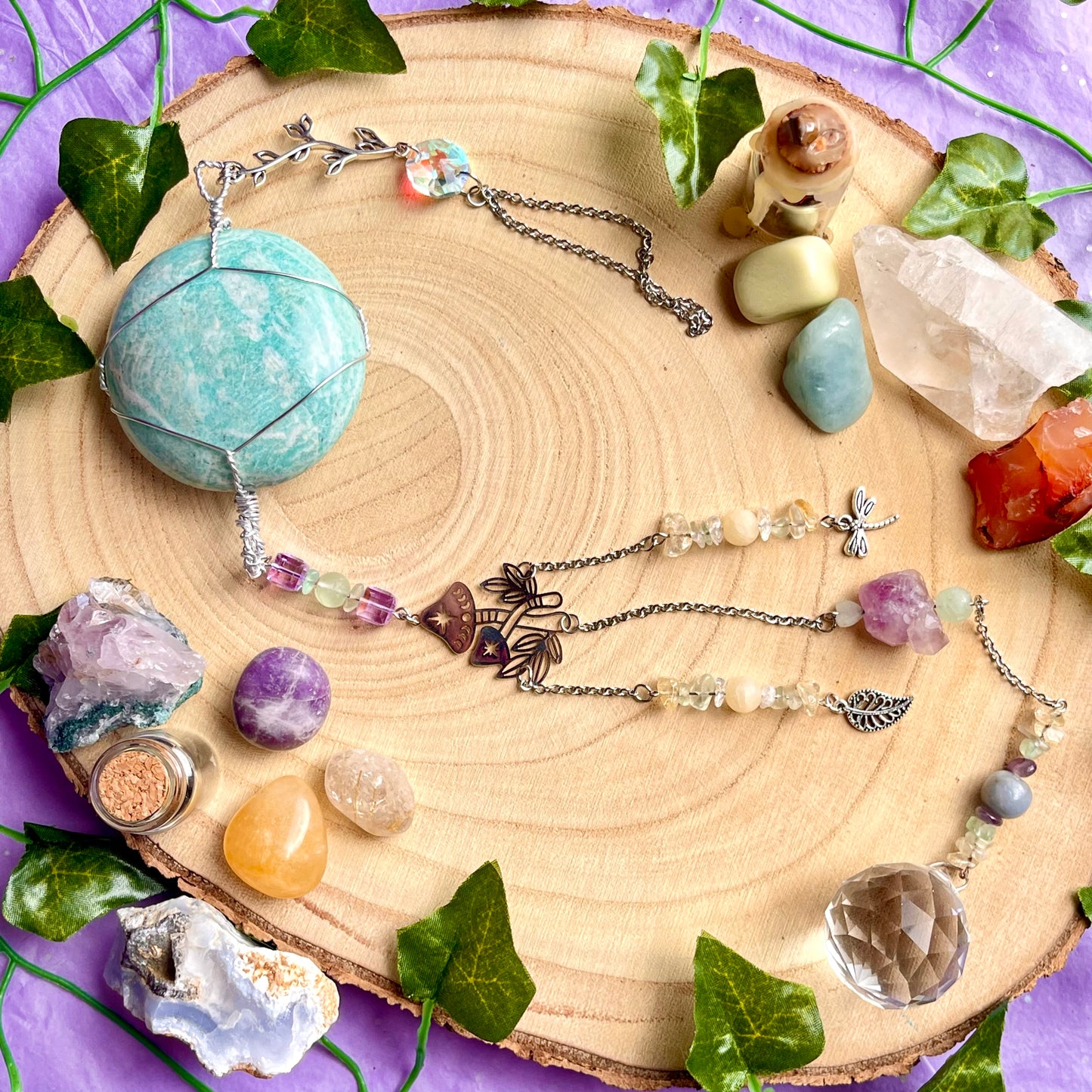 the magick tree sun catcher - amazonite, fluorite, amethyst, calcite, clear quartz, citrine & angelite
