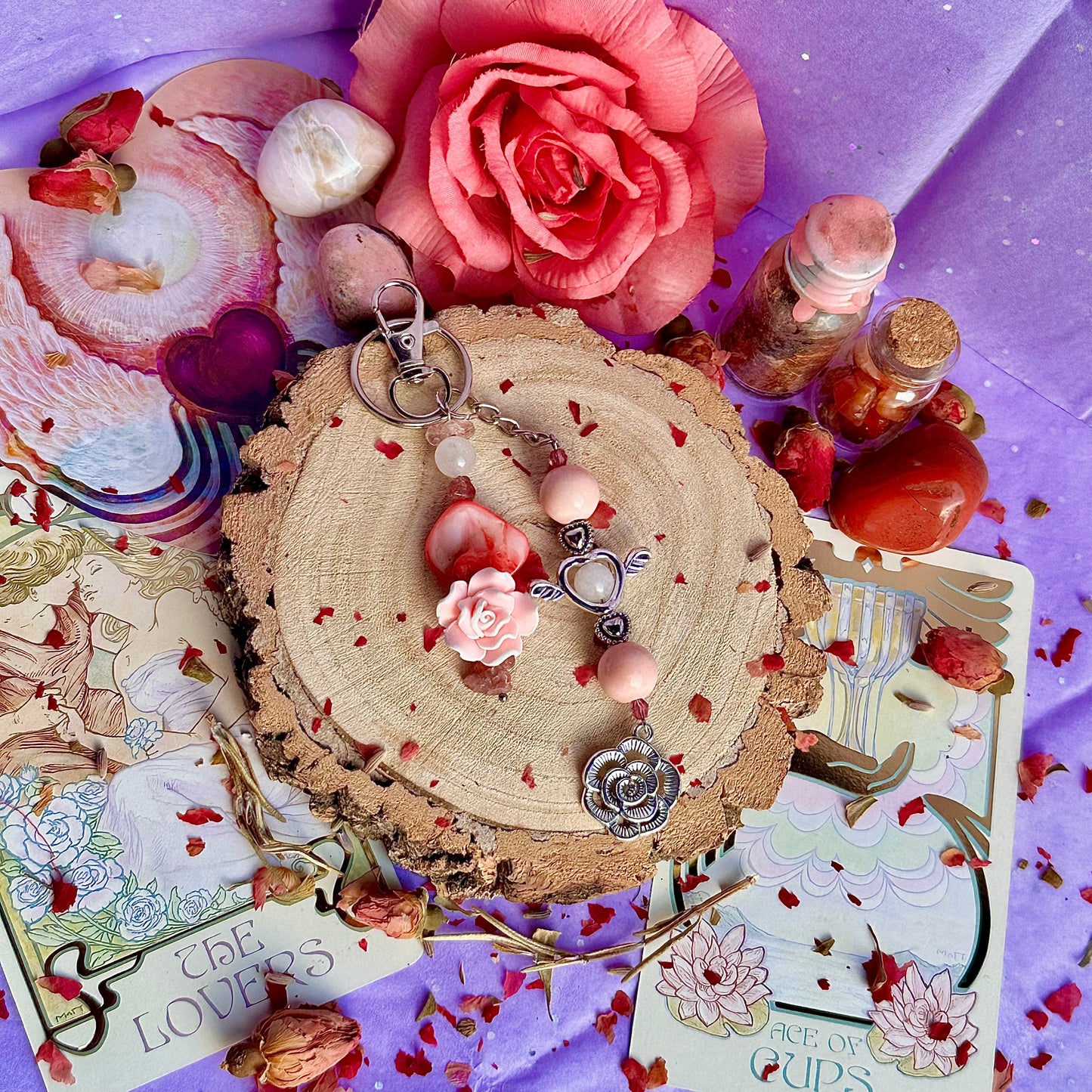 breloque de sac / porte-clés ange rose ~ quartz rose & quartz fraise