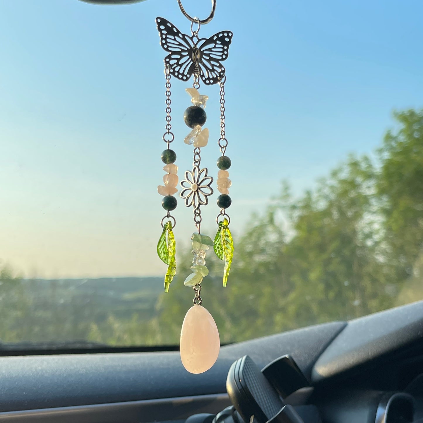 self car charm - rose quartz, moss agate, clear quartz & aventurine