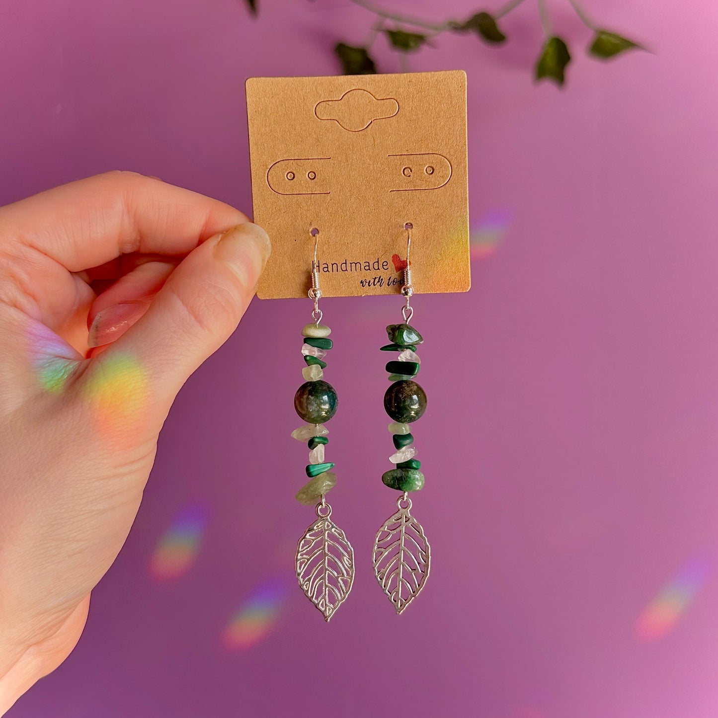 leaf earrings on 925 hooks ~ aventurine, malachite, moss agate, fluorite