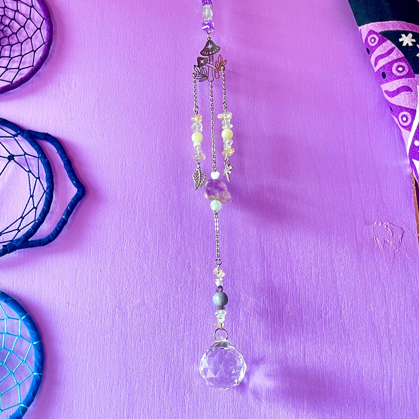 the magick tree sun catcher - amazonite, fluorite, amethyst, calcite, clear quartz, citrine & angelite