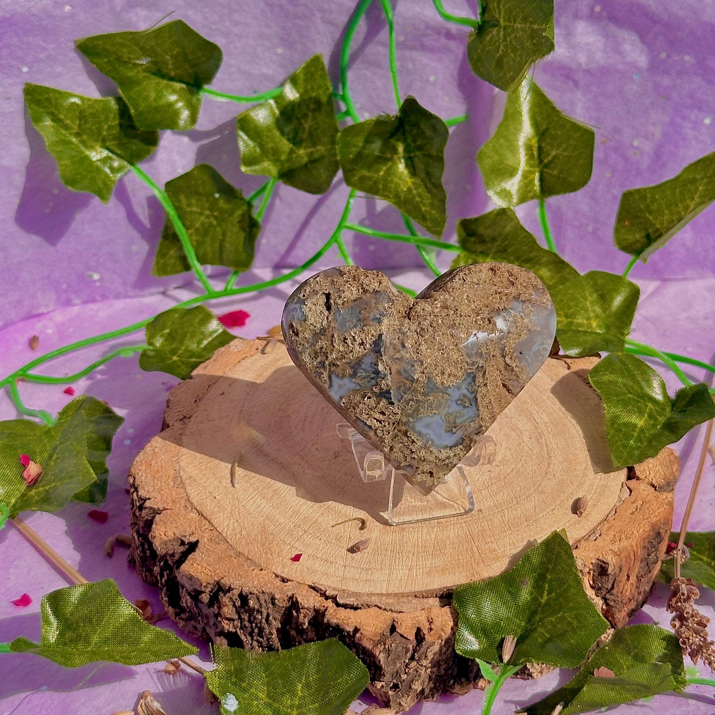moss agate heart carving with stand