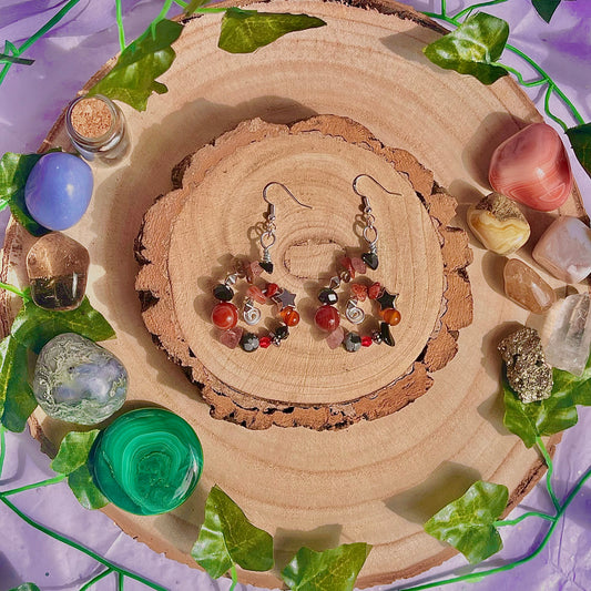 star spiral earrings ~ carnelian, obsidian, strawberry quartz on 925 hooks