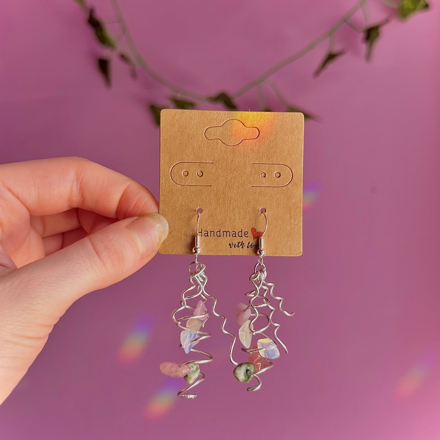 spiral earrings on 925 hooks ~ opalite, tree agate, lepidolite, strawberry quartz