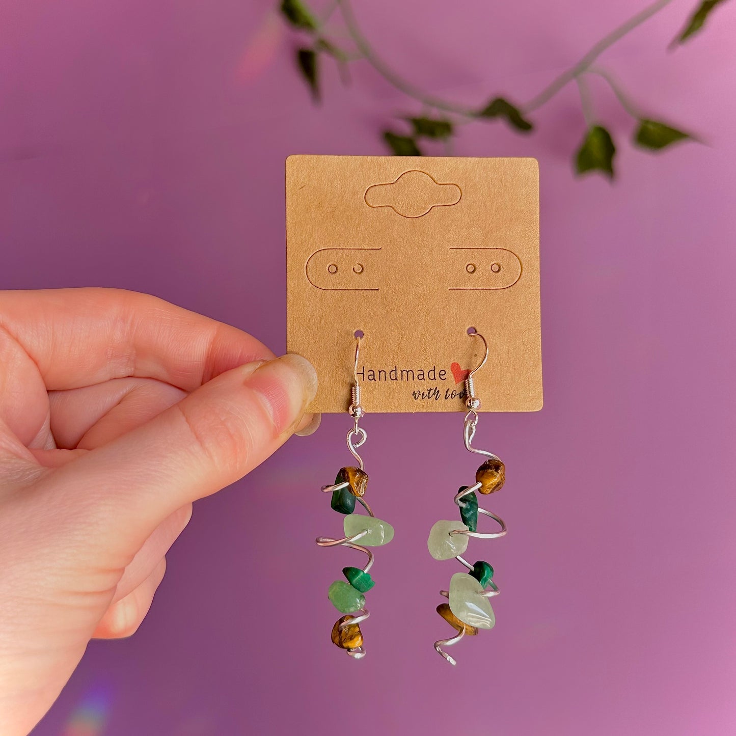 spiral earrings on 925 hooks ~ malachite, tigers eye, aventurine