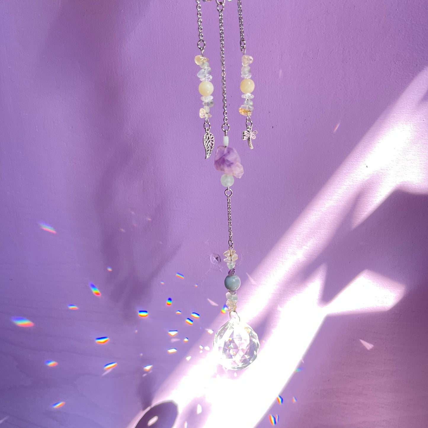 the magick tree sun catcher - amazonite, fluorite, amethyst, calcite, clear quartz, citrine & angelite