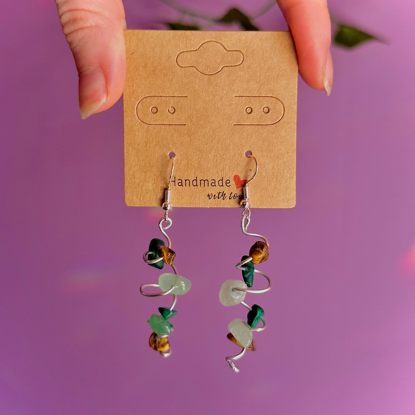 spiral earrings on 925 hooks ~ malachite, tigers eye, aventurine