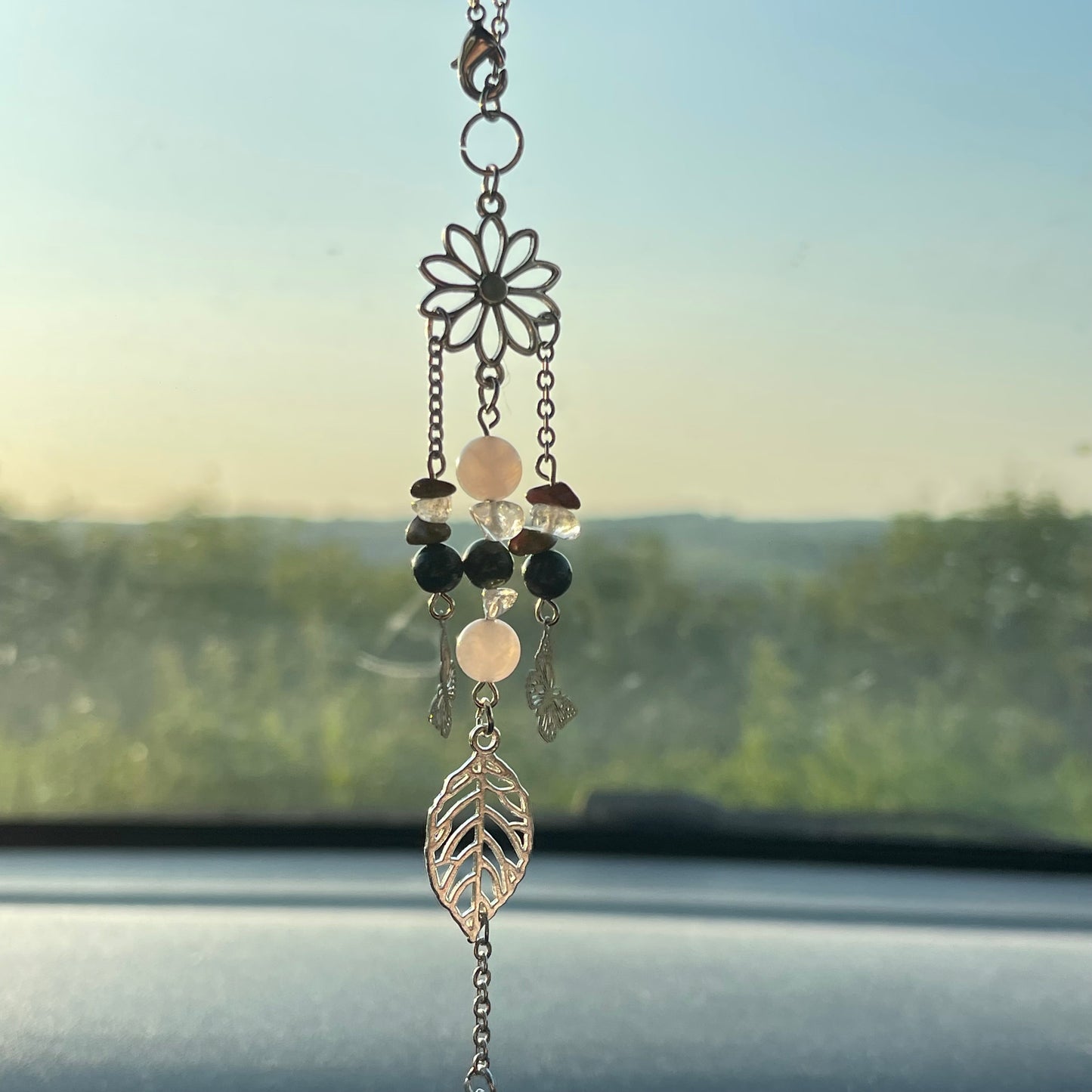 balance car charm - moss agate, unakite, rose quartz & clear quartz