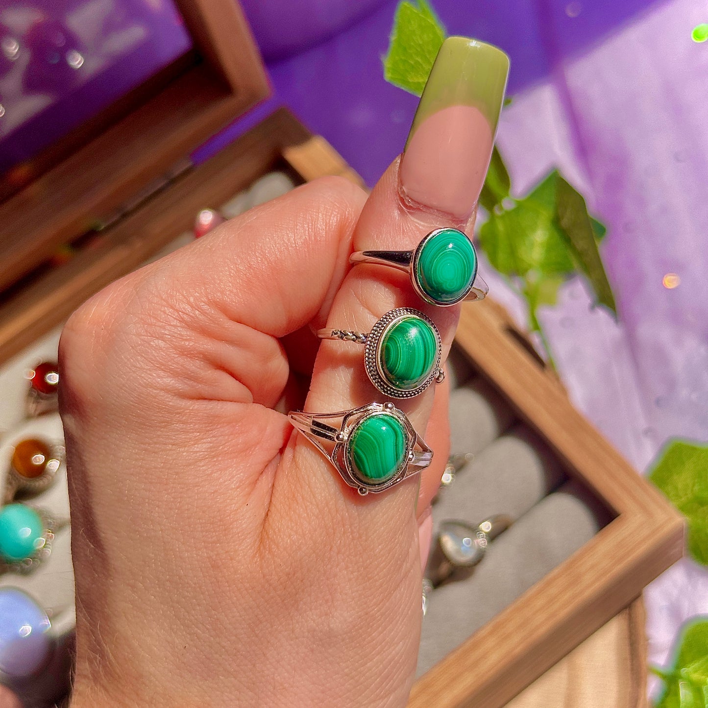 malachite 925 sterling silver adjustable ring