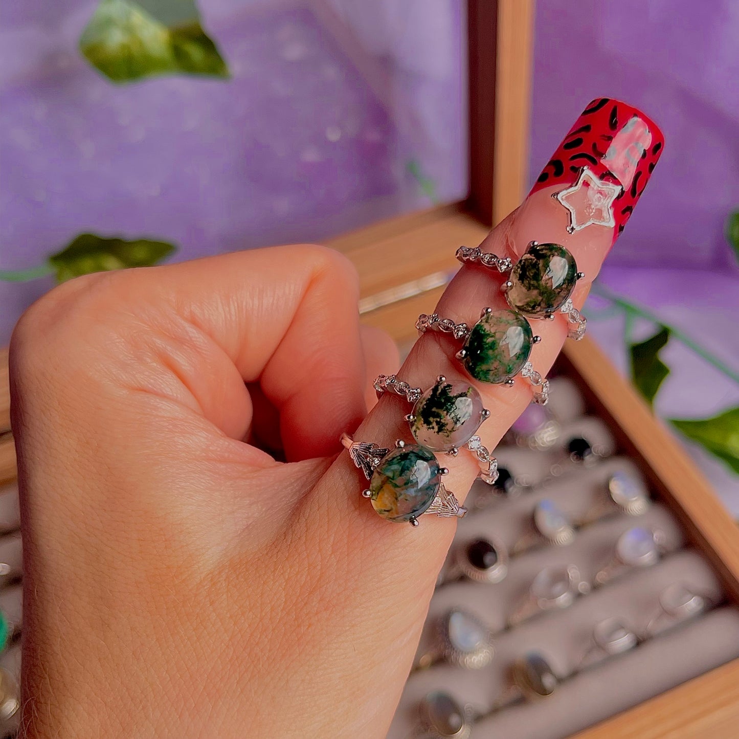 moss agate style B ~ 925 sterling silver adjustable rings / choose your own