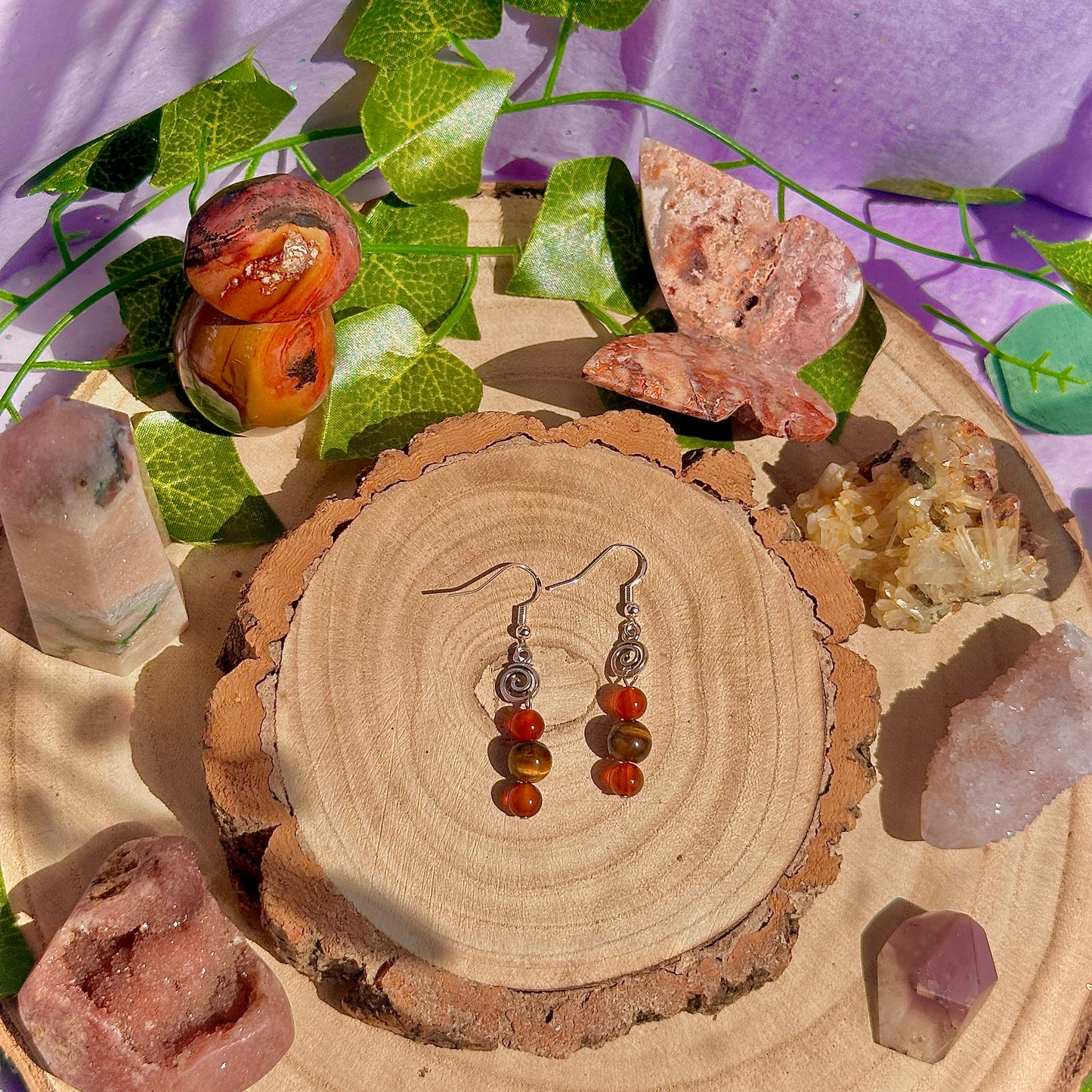 baby spiral ~ carnelian, tigers eye on 925 hooks