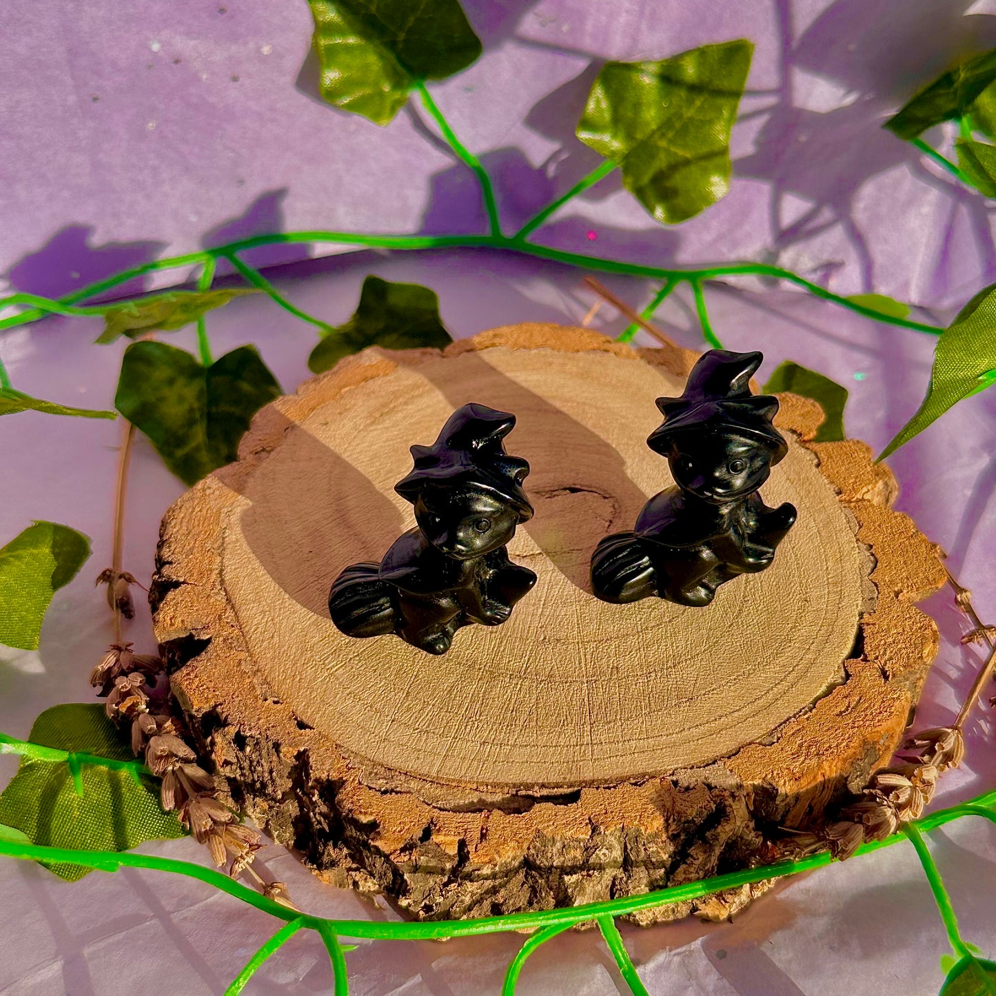 black obsidian cat on broom carving ~ intuitively chosen