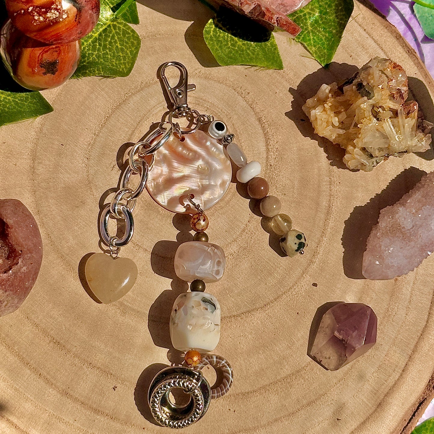 natural bag charm ~ dalmatian jasper, mookaite, ocean jasper, howlite, labradorite & orange aventurine