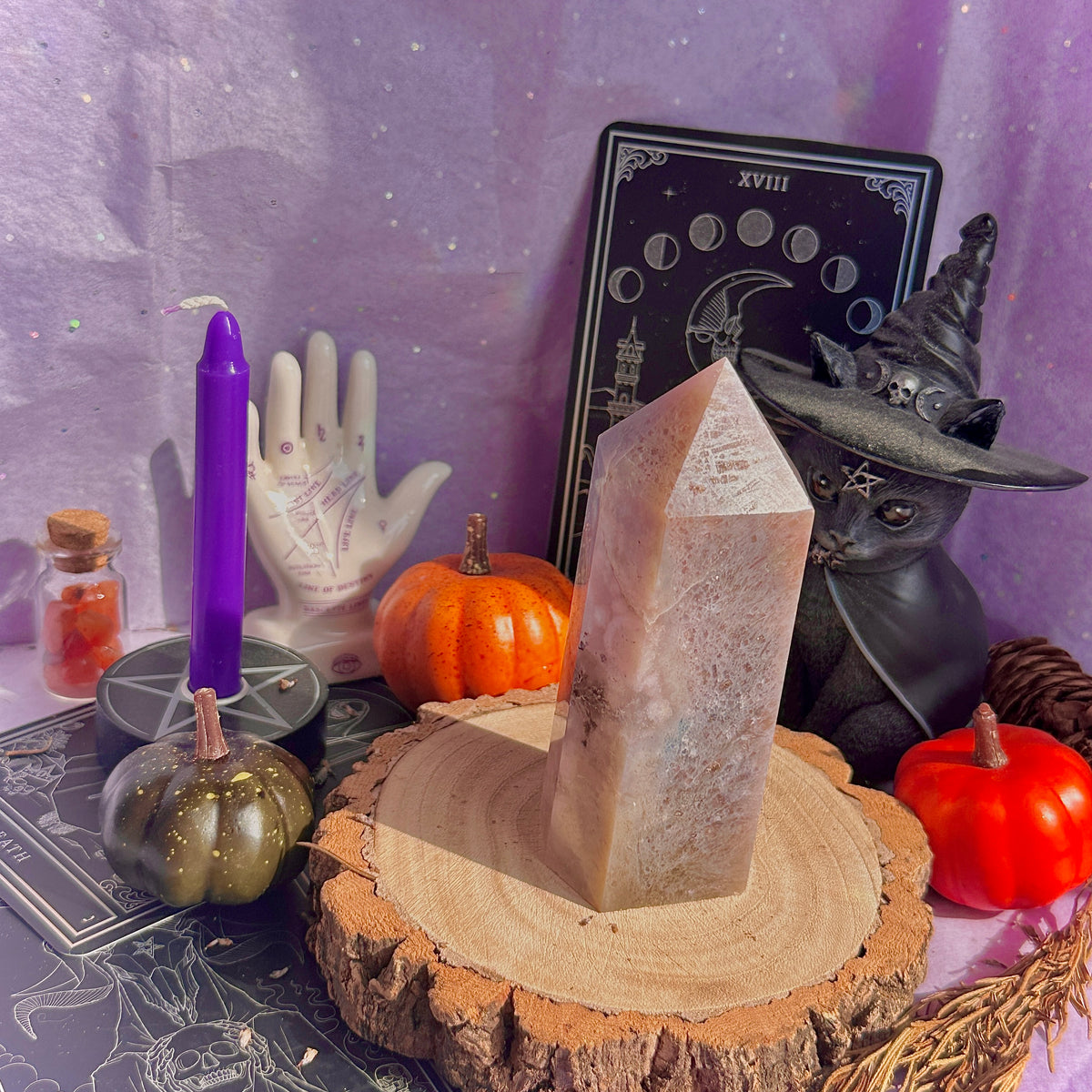 pink amethyst x flower agate chunky tower with dendrites