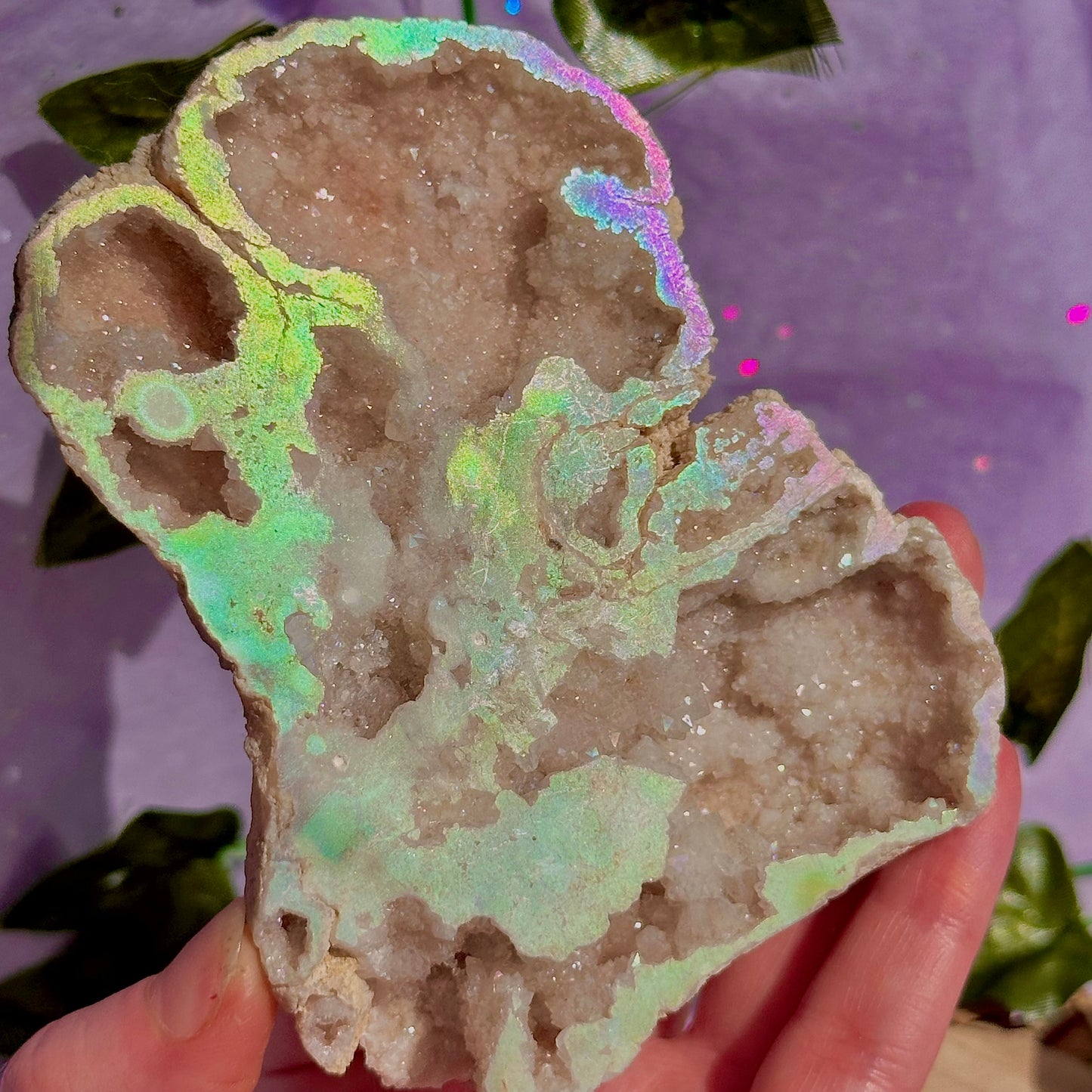 aura druzy quartz geode with stand