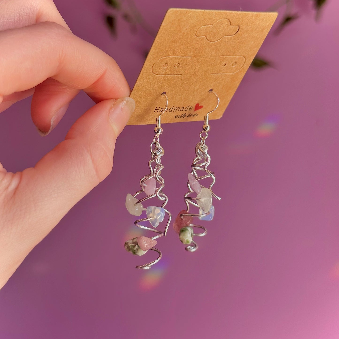 spiral earrings on 925 hooks ~ opalite, tree agate, lepidolite, strawberry quartz