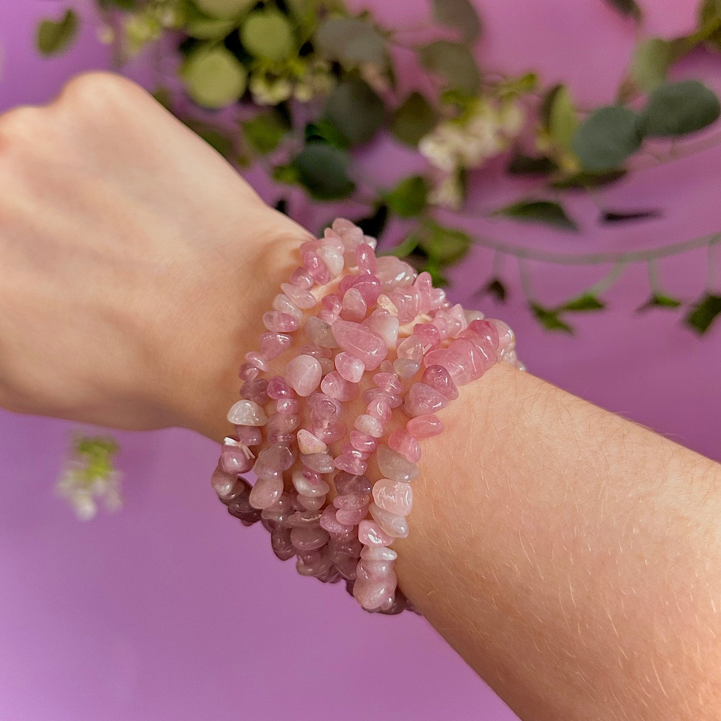 lavender rose quartz chip bracelet