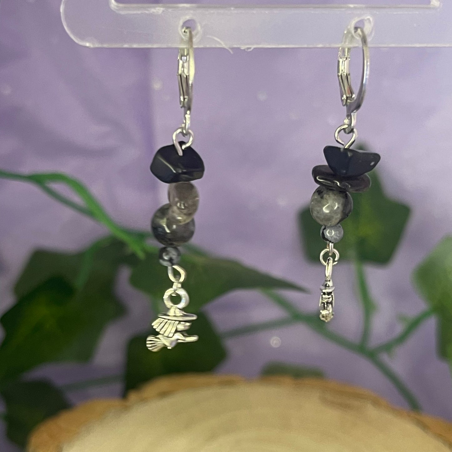 witches earrings (obsidian, smokey quartz, larvikite, snowflake obsidian)