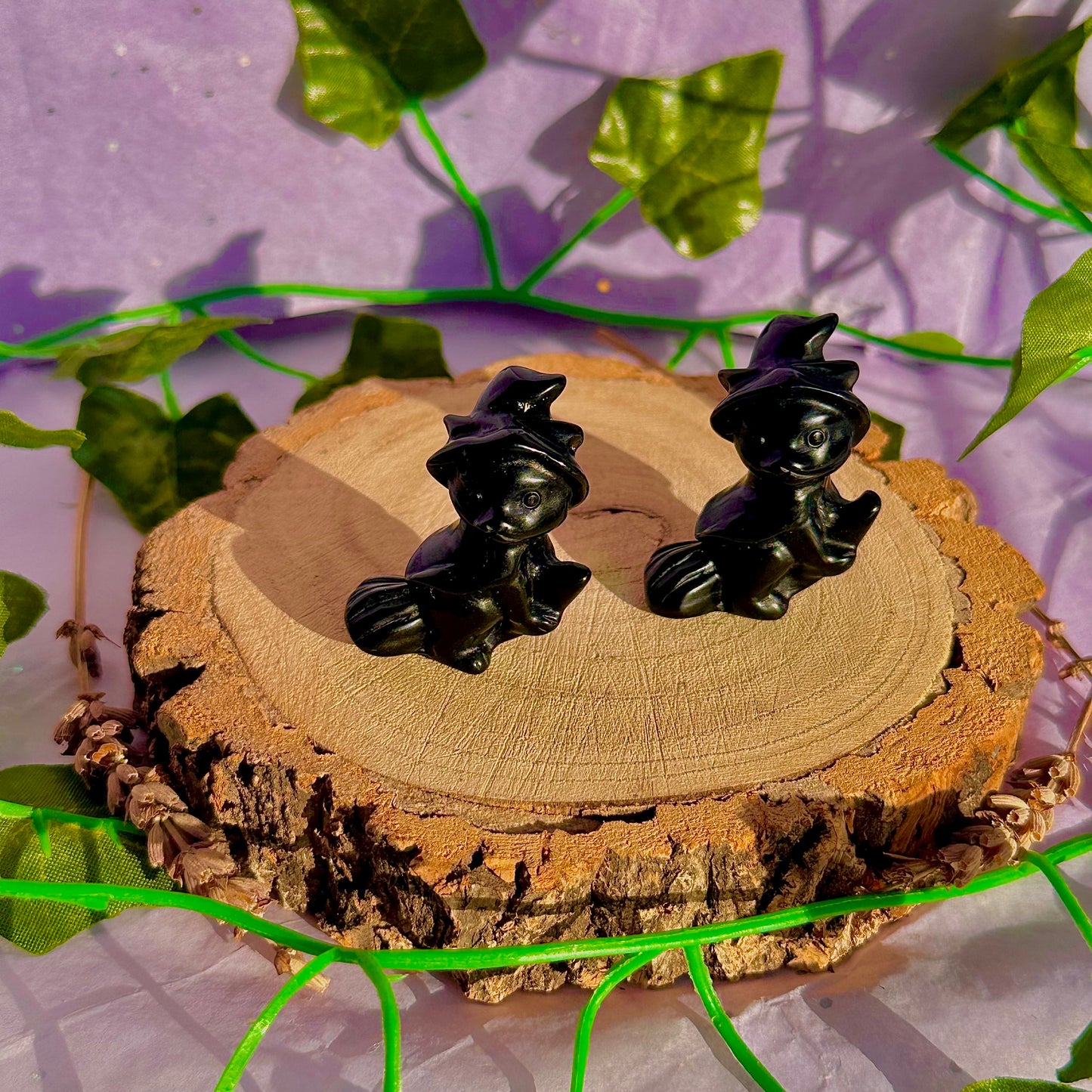 black obsidian cat on broom carving ~ intuitively chosen