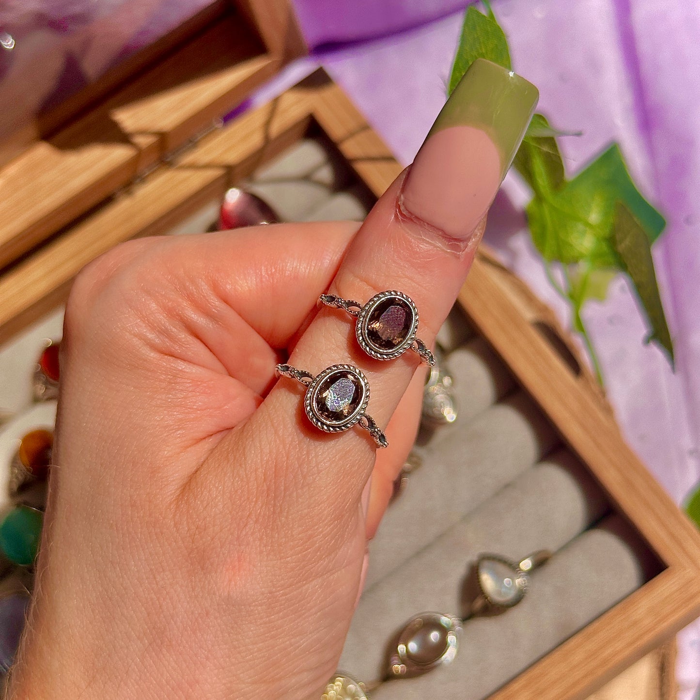 smoky quartz faceted 925 sterling silver adjustable ring