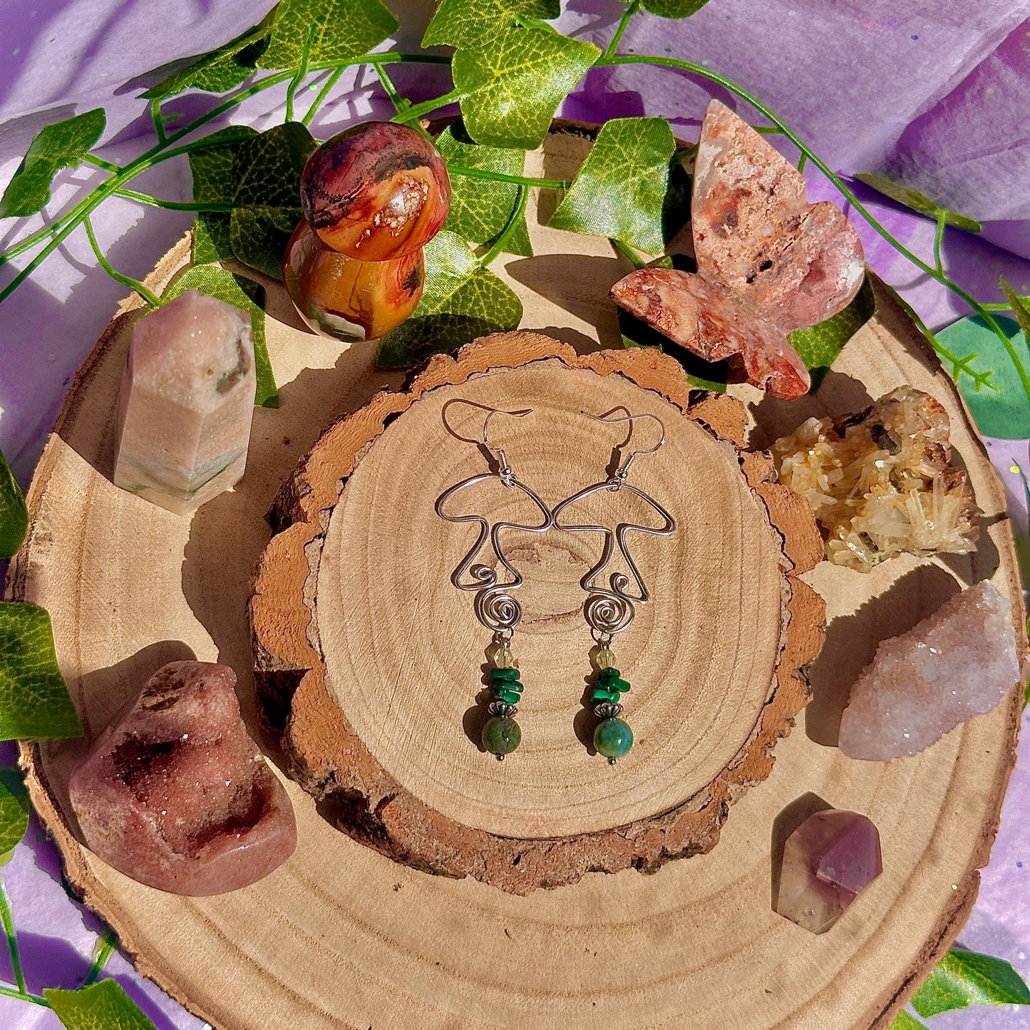 funky fungi earrings ~ moss agate, malachite on 925 hooks
