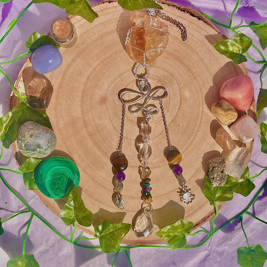 autumn sun suncatcher / wall hanging ~ honey calcite, tigers eye, amethyst, labradorite, malachite & citrine
