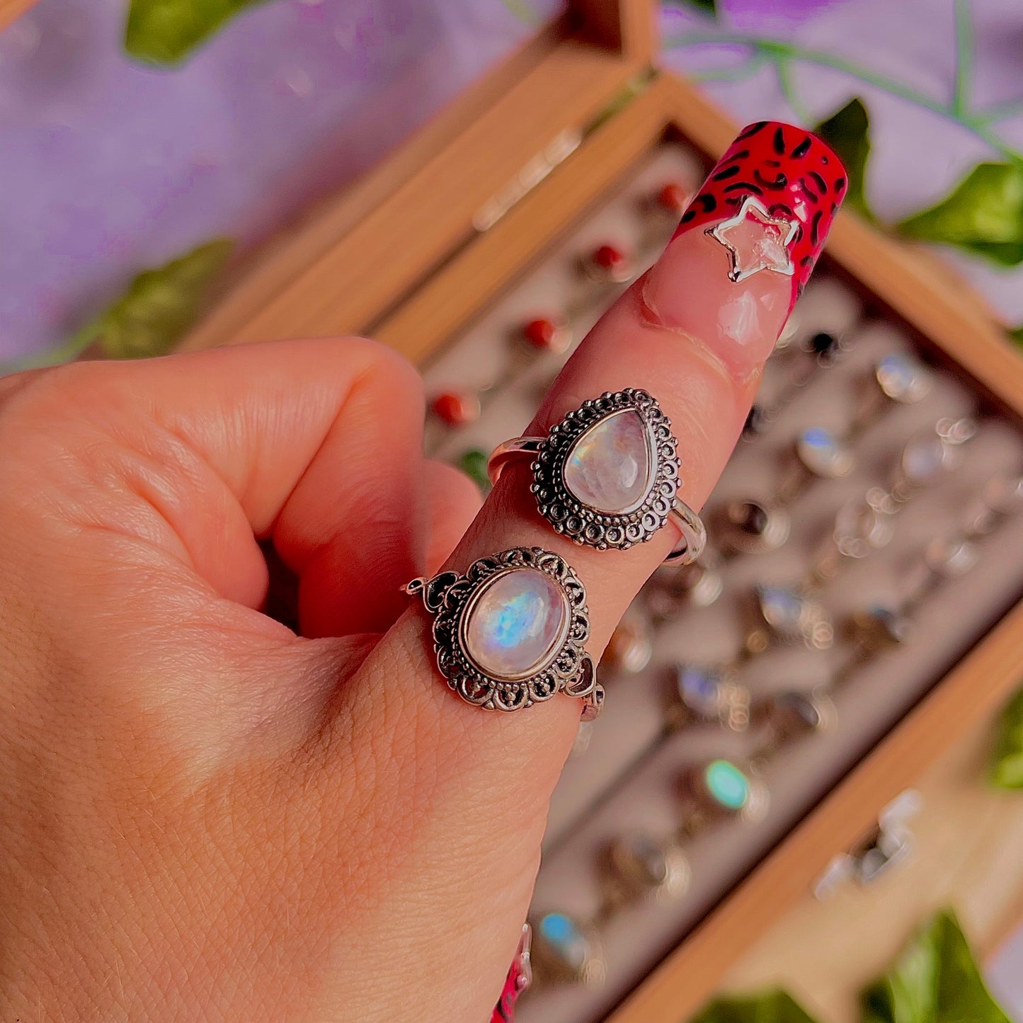 rainbow moonstone style C ~ 925 sterling silver adjustable rings / choose your own