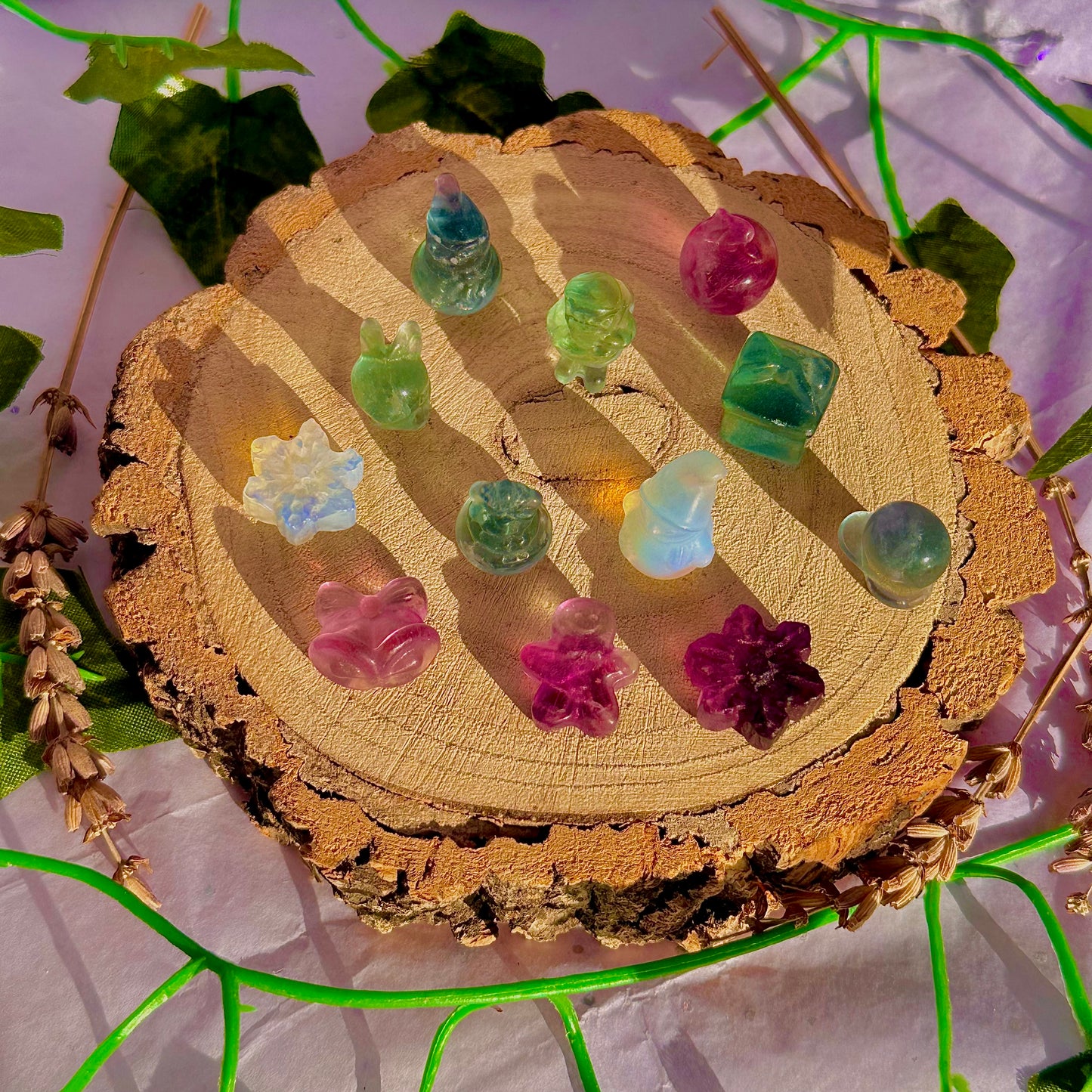 rainbow fluorite & opalite mini mystery christmas carvings ~ intuitively chosen