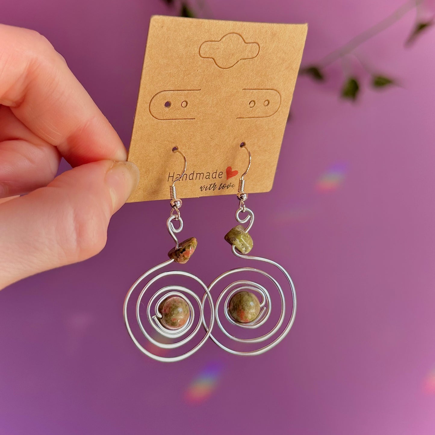unakite spiral earrings on 925 hooks