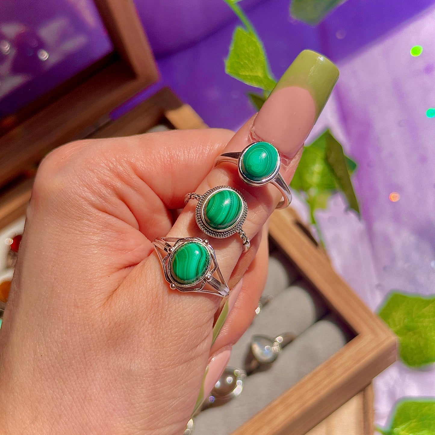 malachite 925 sterling silver adjustable ring