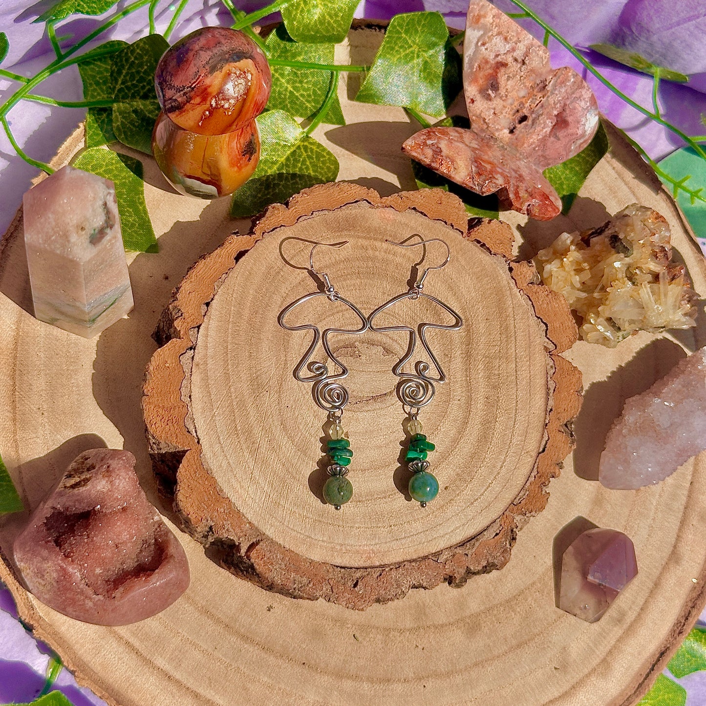 funky fungi earrings ~ moss agate, malachite on 925 hooks