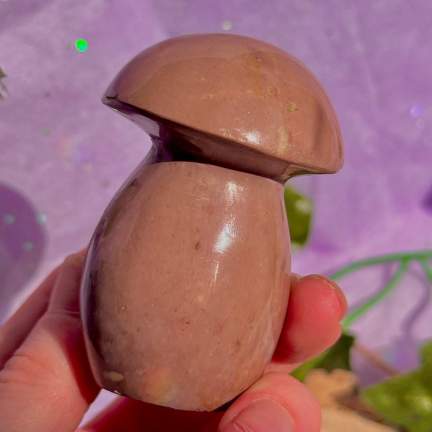 dusty mauve sea jasper mushroom carving